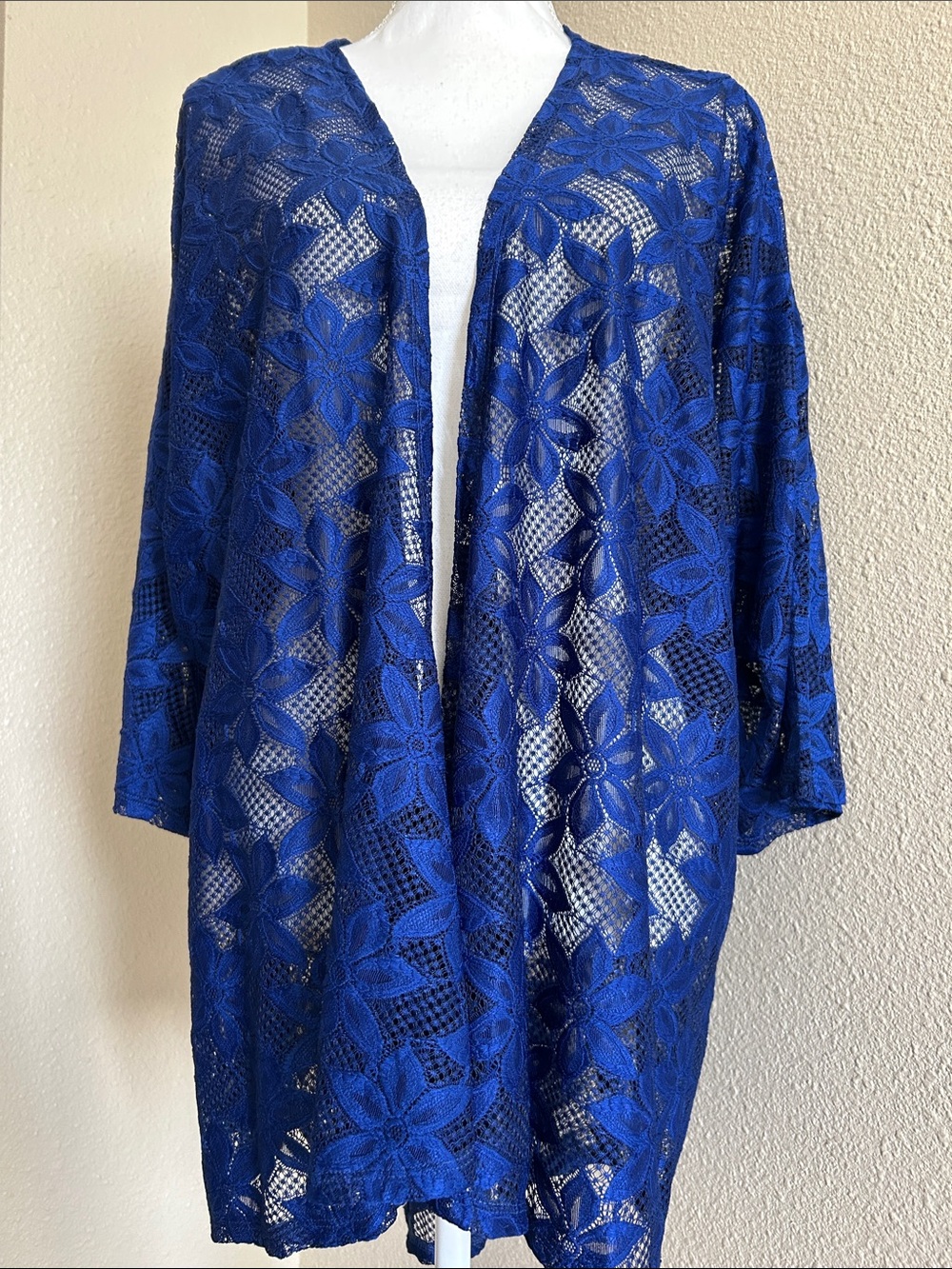 Royal Blue Floral Lace Open Kimono Cardigan